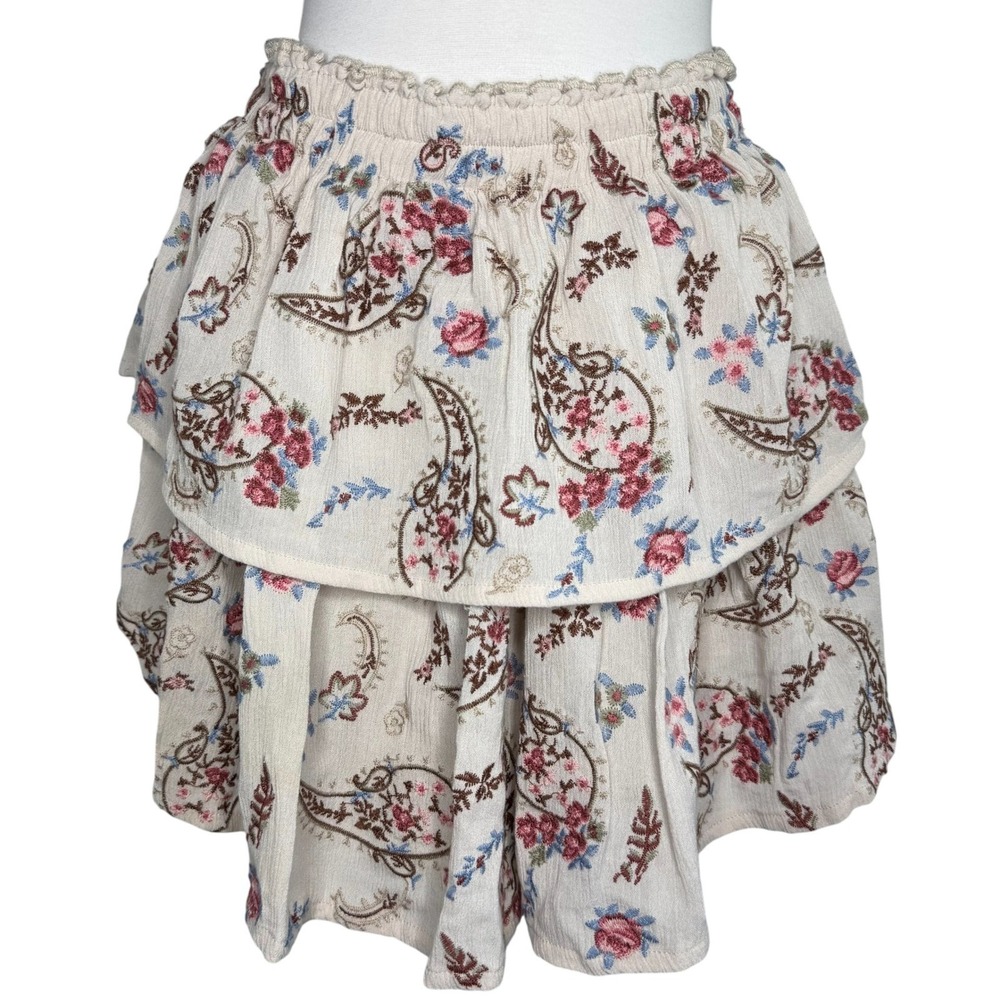 Mi Ami Floral Embroidered Tiered‎ Mini Skirt Cream Small Fairy Cottagecore Boho